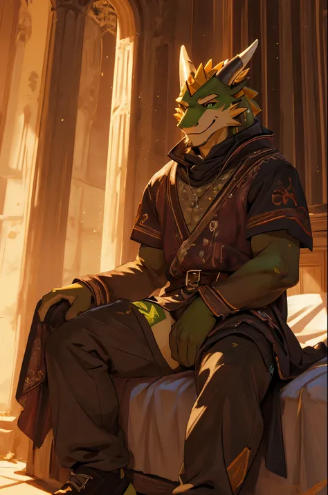 (masterpiece, 4K, ultra detailed)massive green dragon, tight medieval clothing, welcoming smile, Sitting on the bed, legs spread, cinematic lighting,