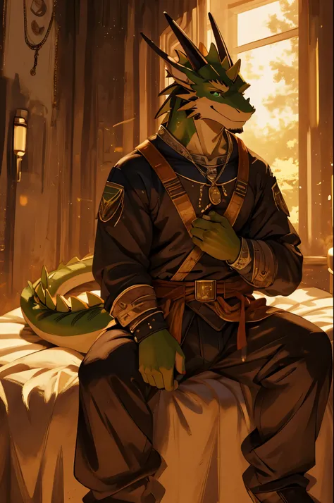 (masterpiece, 4K, ultra detailed)massive green dragon, tight medieval clothing, welcoming smile, Sitting on the bed, legs spread, cinematic lighting,