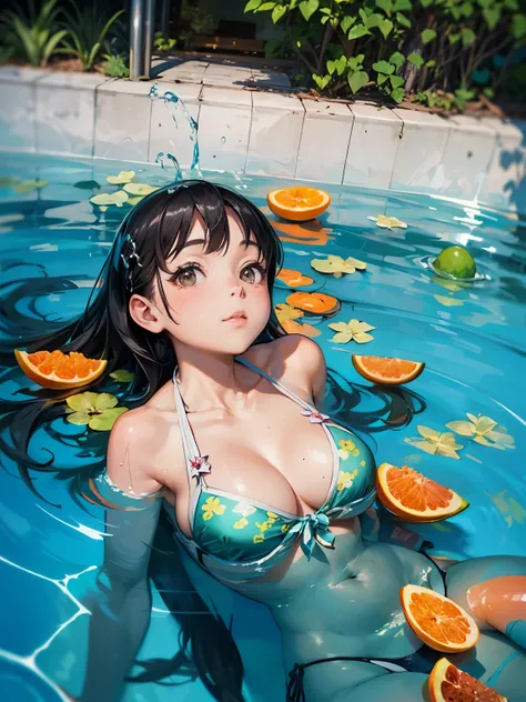 A beautiful girl in a cute bikini lying and floating in the pool　Green spot fractal pattern swimsuit　Grapefruits are floating around　Big eyes　cute唇　cute