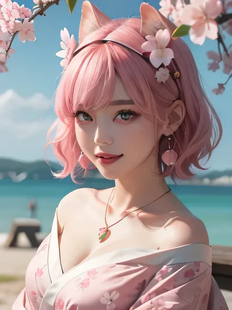 she is the cherry blossom spirit、pink eyes、pink hair、close up of face、pink eyebrows、pink teeth、pink fang、big ears、cherry blossom hair ornament、cherry blossom necklace、Cherry earrings、beautiful clavicle、short bob、deep pink eyes、pink kimono showing collarbon...