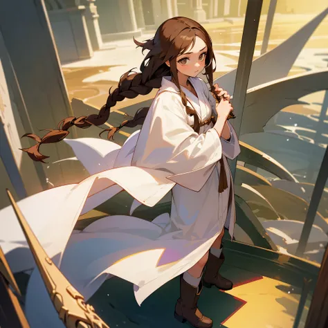 {{{A summoner wearing a white robe, a girl with brown hair, braided eyes, and brown boots.}}}