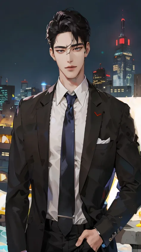 there is a man in a suit and tie standing in front of a city, inspired by Zhang Han, in a strict suit, anime handsome man, inspired by Yanjun Cheng, in strict suit, dark suit, suit and tie, inspired by Russell Dongjun Lu, handsome anime pose, handsome stun...