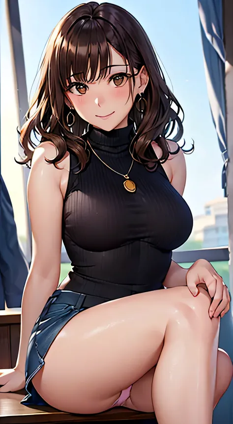 (table top, highest quality, High resolution, , perfect pixel, 4k,), 1 girl, single, alone, Beautiful woman、I could see the whole body、 ((wavy mid-length hair, bangs, brown hair)), ((brown eyes, beautiful eyelashes, realistic eyes)), ((detailed face, blush...