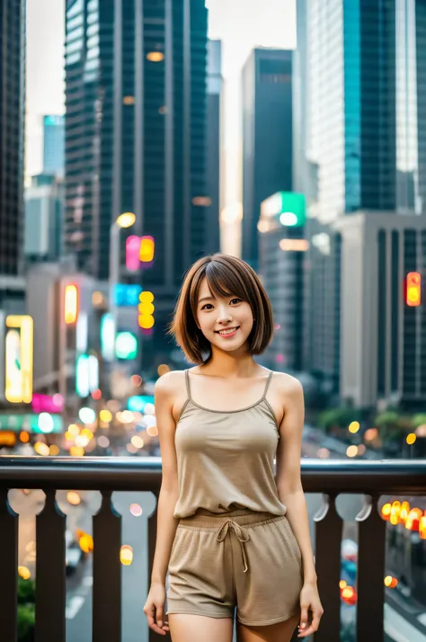 highest quality,masterpiece,32k,Depth of the bounds written、blur background、50mm,F1.4,professional lighting,cinematic lighting,full body,thin,beautiful japanese woman,25 year old girl,contrasting,cityscape,shaggy,light brown hair,Tank top,shorts,Happy,