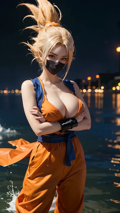 ((best quality)), ((masterpiece)), (detailed), perfect face, Dragon Ball anime, ((Laura/woman, big breasts, extremely beautiful)), ((Super Saiyan Superior Instinct)) {transformed into Super Saiyan wearing Goku orange costume, emanating golden magic aura ((...