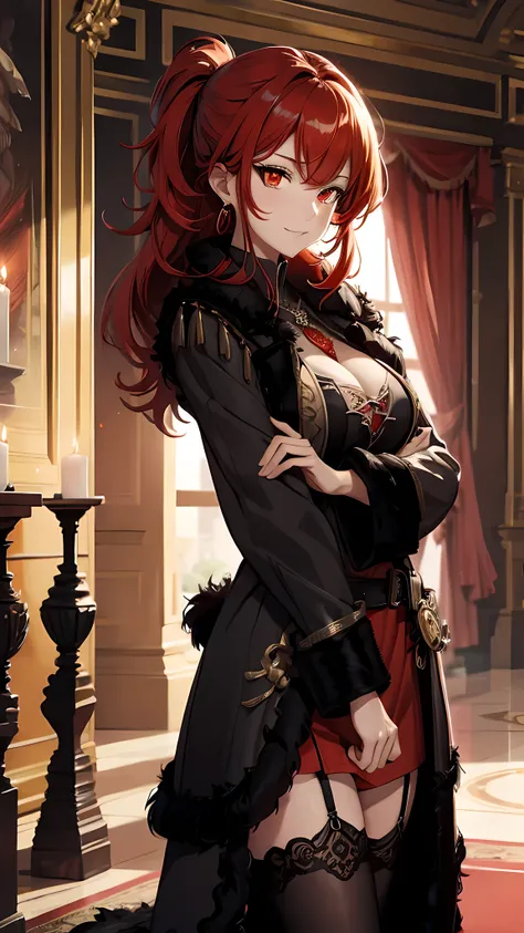 (masterpiece), best quality, expressive eyes, perfect face,red hair,wavy ponytail,cleavage,big breasts,((red dress:1.3)),(black stockings),(black fur coat:1.4),(thigh gap 1.5),bracelet,smiles,luxury dining hall,royal ballroom background,studio lighting,sta...