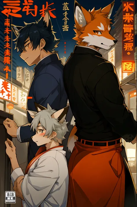 A doujinshi cover with a young male detective and a fox woman in a Chinese dress back to back, furry, kemono, with some elements of 007, battle manga,