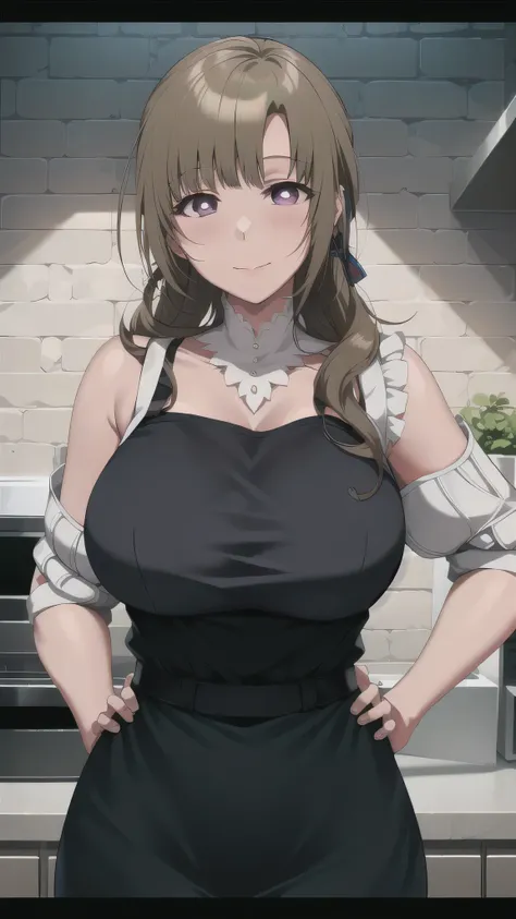 1girl, mamako oosuki in anime okaasan online, very big breasts, in black dress standing in kitchen with green eyes,