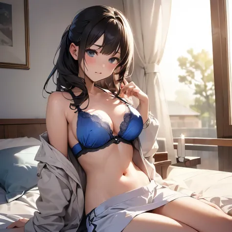 ((highest quality, 8K, masterpiece :1.3)), Woman in maid outfit, sleeping in bed, cleavage, light blue bra, race, lifting the skirt, showing panties, black hair ponytail, cheeks are red, embarrassed expression, looking at me