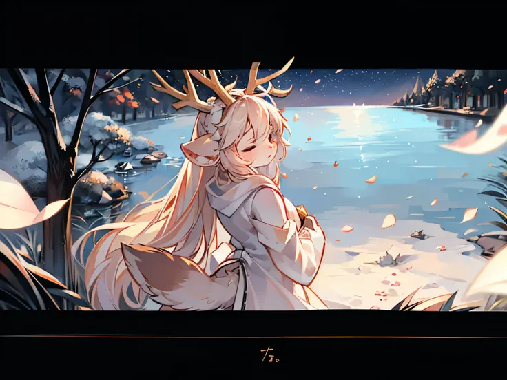 a white deer，antlers，white robe，golden decoration，Hold your hands，eyes closed，bright starry sky，lake surface，falling petals，花瓣落在lake surface