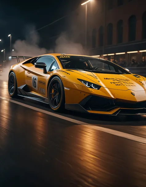 ((Masterpiece in maximum 16K resolution):1.6),((soft_color_photograpy:)1.5), ((Ultra-Detailed):1.4),((Movie-like still images and dynamic angles):1.3), ((motion blur):1.1) | (Cinematic photo of a speeding Lamborghini race car), (street race), (cinematic le...