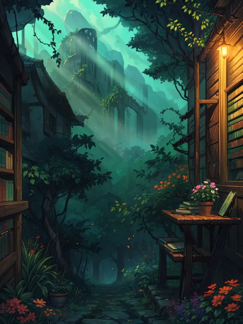 (masterpiece:1), (wide view:1.7),(an open book library:1.6), (book shelves:1.3), (books on table :1.5), (day time:1.5), silence, (bright sunlight falling:1.5), (giant sequoia trees:1.5), (soft glow of vibrant tones:1.4), (foliage:1.5), magnificent sky, (vo...