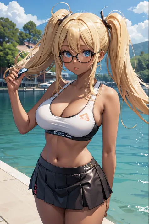 Female gyaru, twintails Blonde hair, Blue eyes, dark brown skin, large breasts, thick hips, wearing a white sports bra and black mini skirt, with a lake background, glasses.