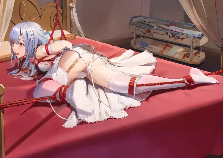 anime bondage girl laying on a bed with a red sheet and a red rope, anime barbie in white stockings,  in dress, , pixiv 3dcg, cushart krenz key art feminine, gapmoe yandere, seductive anime girl, dominant pose, detailed key anime art, (sfw) safe for work, ...