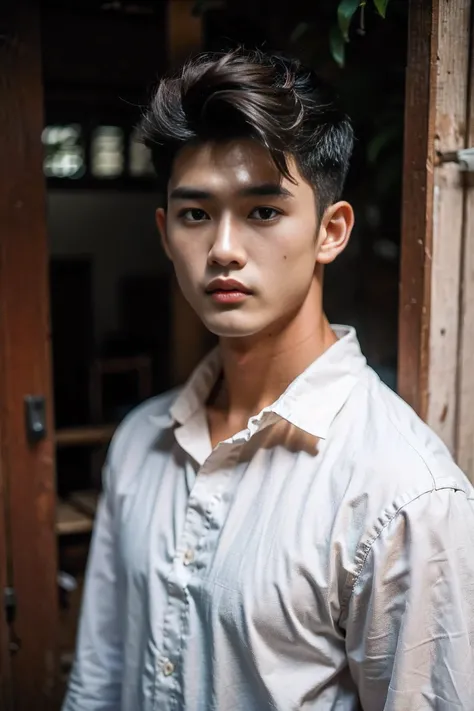 realistic photography, handsome thai man ,big loose shirt