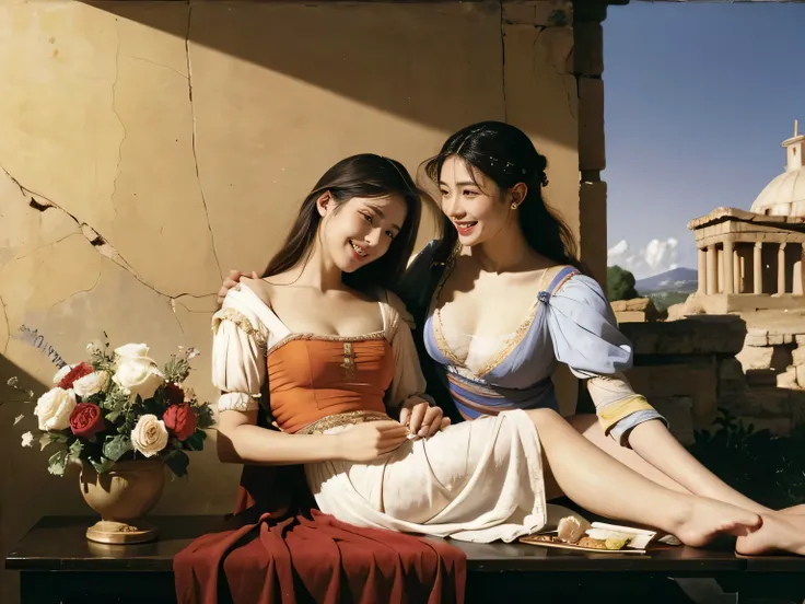 Giorgione painting style,Arguments of two female Philosophe,math、astronomical machine、astronaut、roses in vase、fruits、Cute trinkets、smile、ancient greek costume、Ancient Roman landscape in the style of Nicolas Poussin,laughter,,Sweet and seductive appearance....