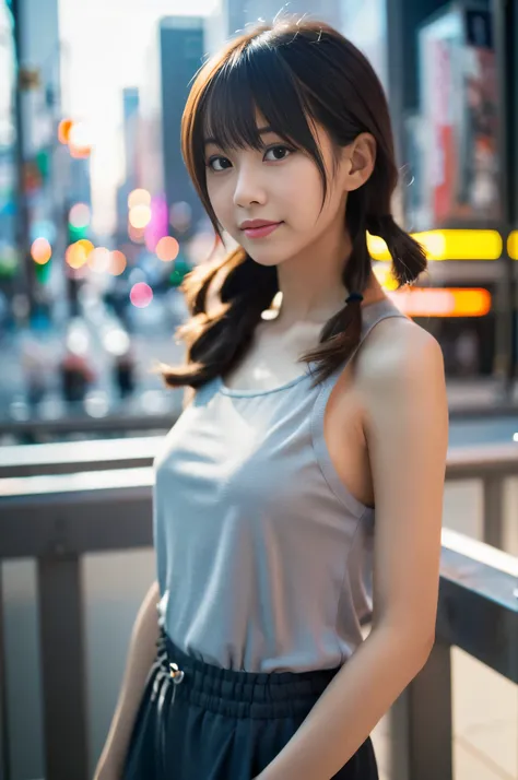 highest quality,masterpiece,32k,Depth of the bounds written、blur background、50mm,F1.4,professional lighting,cinematic lighting,medium close-up shot,thin,beautiful japanese woman,25 year old girl,contrasting,cityscape,akihabara,nice weather,twin tails,silve...