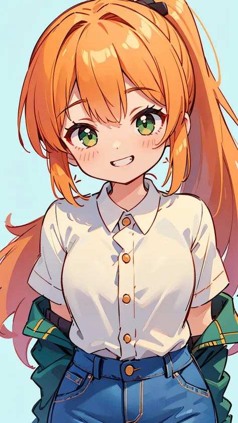 1 girl、orange hair、ponytail、green eyes、Blue-collar shirt、skinny denim pants、(thin waist: 1.15)、shiny skin、grin、upper body close-up