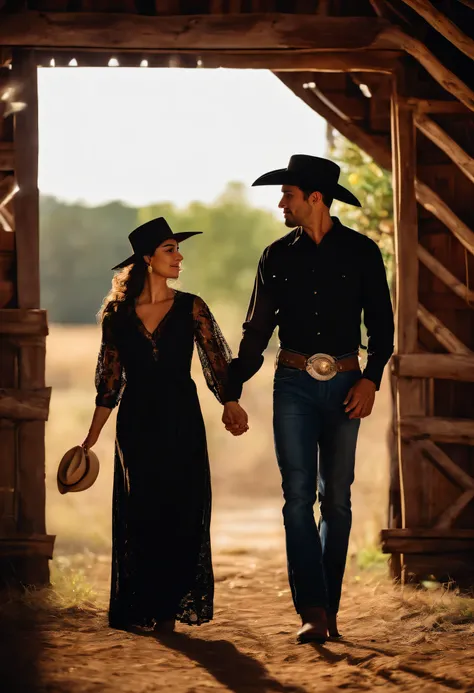 Latino couple holding hands in a barn, woman wearing black apron dress, man wearing black long sleeve shirt and cowboy hat