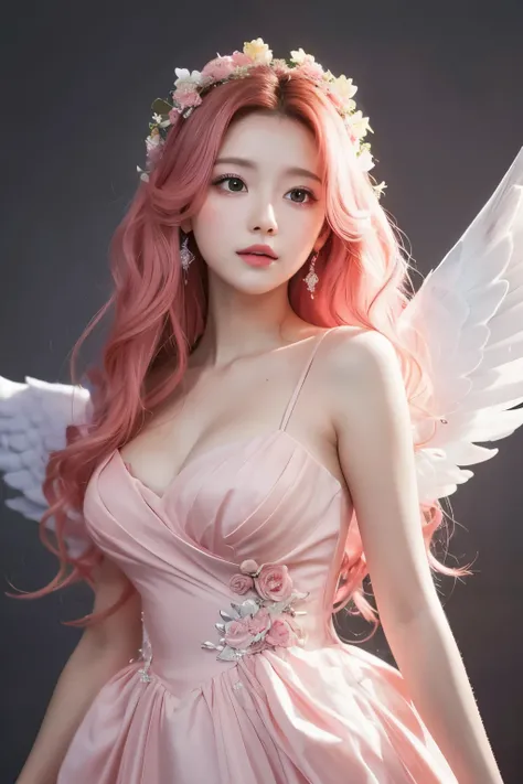 Create a stunning image of an angel with long pink curly hair, wearing a beautiful dress, facing directly towards the camera, focusing on the upper body, own hands together