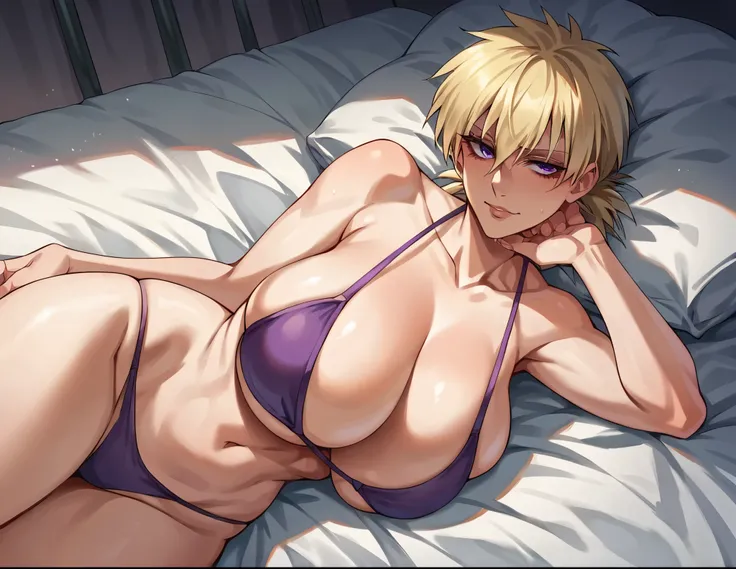 score_9, score_8_up, score_7_up, source_anime, solo, anime girl in purple bikini laying on a bed, seras, from hellsing, seductive anime girl, commission for high res, blonde - haired, highly detailed exquisite fanart, full colored, top view, huge breasts 