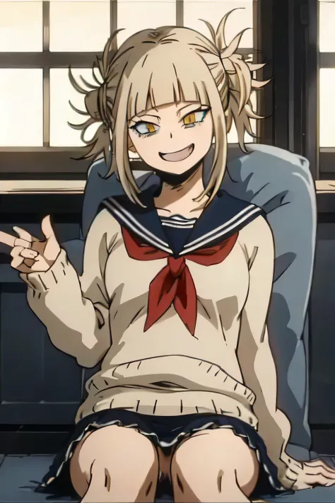 Himikotoganova, (perfect eyes), blonde hair, double good, messy hair, bangs, yellow eyes, serafuku, bags under eyes, smile, open your mouth, blue skirt, long sleeve, red neckerchief, chest, sit,open your legs,highest quality