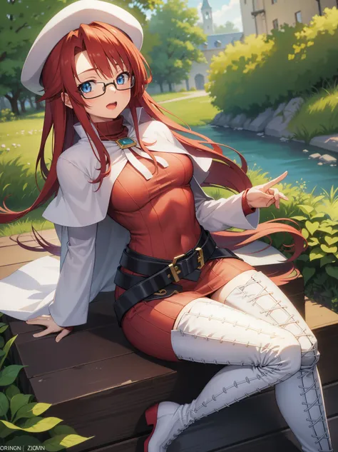 summonnightaty, aty, long hair, blue eyes, red hair, beret, hat, glasses,
BREAK long hair, thighhighs, hat, dress, boots, glasses, belt, cape, sweater, zettai ryouiki, beret, thigh boots, white footwear, ribbed sweater, loose belt,solo,
BREAK outdoors, fan...