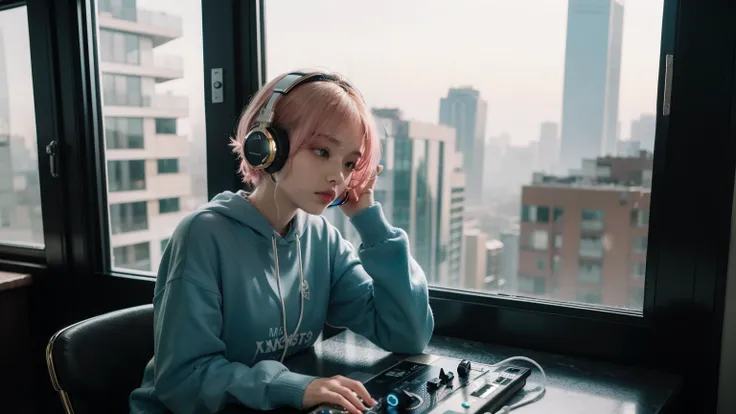 (arafed woman with headphones looking out of a window at night, girl blue glowing headphonesを着用している, blue glowing headphones, With headphones glowing blue, lofi girl, with headphones, lofi portrait at a window, dreamy cyberpunk girl, listen to music, weari...