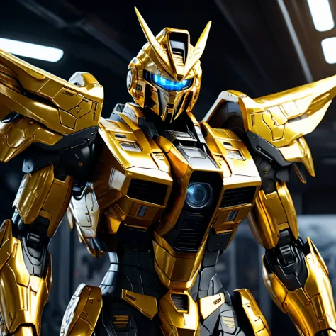 imagen de cuerpo completo, Hyperrealism, photorealism, powerful golden and black human dragon Gundam standing on a spaceship, en su pecho el texto "ABUELO", chasis plateado brillante, CONDUJO, textura detallada, biped, Photography, Camera capture ensures c...