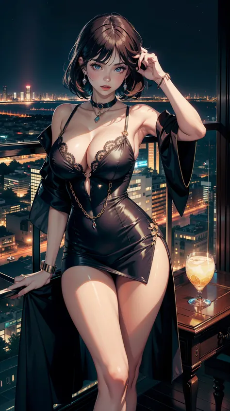 (Rich woman:1.5),solo, large breast, cleavage, bare thigh, elegant, diamond jawerly, (night city view:1),