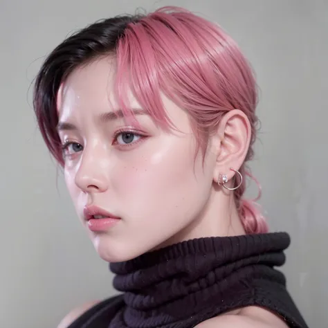 a close up of a person com cabelo rosa and a black turtle neck, inspirado em Yanjun Cheng, Retrato de Jossi do Blackpink, cai xukun, Yanjun Chengt, Jungkook, hyung tae, taejune kim, inspirado em jeonseok lee, Kim Doyoung, Jinyoung Shin, profile picture wit...