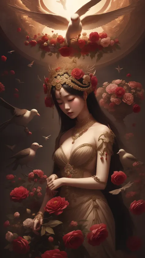 breathtaking detailed red gardian mao baby in glace sphere free thibet concept art painting art deco pattern of birds goddesses amalmation flowers, by hsiao ron cheng, tetsuya ichida, bizarre compositions, exquisite detail, extremely moody lighting, 8 k