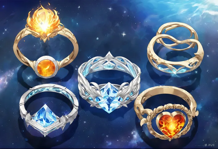 ４two rings、ring of flame、ice ring、ring of wind、earth ring、fantasy、magic、shine