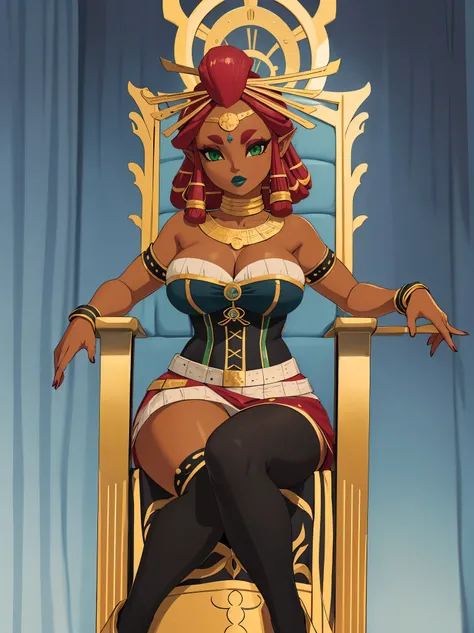 Big breasts, green eyes, dark blue lips, sitting on a throne, corset, black stockings, Riju