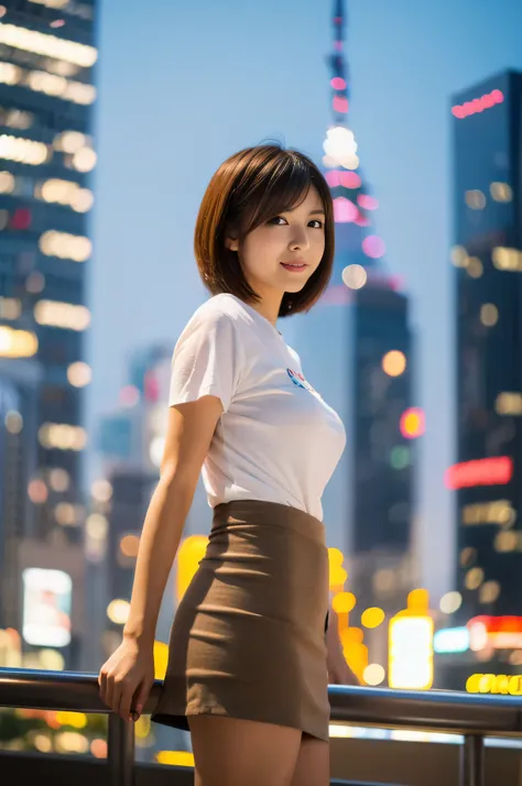 highest quality,masterpiece,32k,sharp focus,150mm,F1.4,professional lighting,cinematic lighting,natural light profile,slim and smooth lines,beautiful japanese woman,25 year old girl,Are standing,cityscape,Tokyo Tower,nice weather,short hair,light brown hai...