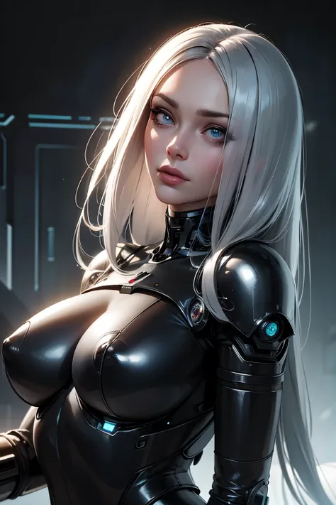 Best Quality, High Detail, 4K, Human, Robot Girl, Android Face(Metal), Steel & Titanium Leather, Robotic Face(With Human Features), Cybernetic Eyes(Hard Eye Circle, Clear Eye Pupil), 1girl, Formal, Perfect Hands(5 fingers), Wig(False Hair), Big Breasts, Bi...