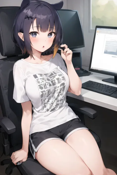 1girl, solo, full body, bedroom, gaming chair, computer monitor, sitting, on chair, inacasual, white t-shirt, short shorts, :o 