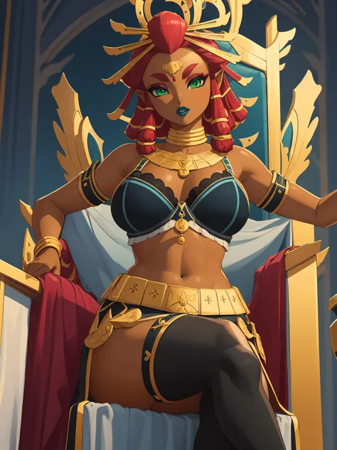 Big breasts, green eyes, dark blue lips, sitting on a throne, bra with straps, black stockings, Riju