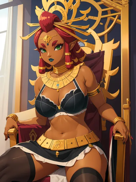 Big breasts, green eyes, dark blue lips, sitting on a throne, bra with straps, black stockings, Riju