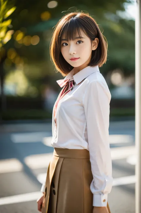 highest quality,masterpiece,32k,sharp focus,150mm,F1.4,professional lighting,cinematic lighting,natural light profile,slim and smooth lines,beautiful japanese woman,25 year old girl,Are standing,street,short hair,light brown hair,collared shirt,skirt,Hilar...