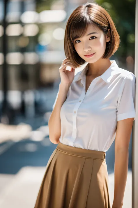 highest quality,masterpiece,32k,sharp focus,150mm,F1.4,professional lighting,cinematic lighting,natural light profile,slim and smooth lines,beautiful japanese woman,25 year old girl,Are standing,street,short hair,light brown hair,collared shirt,skirt,Hilar...