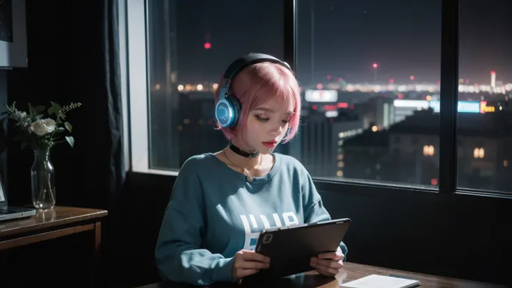 (arafed woman with headphones looking out of a window at night, girl blue glowing headphonesを着用している, blue glowing headphones, With headphones glowing blue, lofi girl, with headphones, lofi portrait at a window, dreamy cyberpunk girl, listen to music, weari...