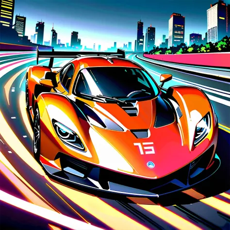 masterpiece, best quality, 4k, a stylish red racing car speeds around the track, leave a trail of light, dark background，contain...