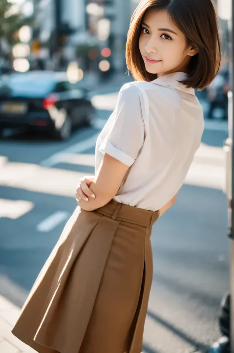 highest quality,masterpiece,32k,sharp focus,150mm,F1.4,professional lighting,cinematic lighting,Natural light all over the body,slim and smooth lines,beautiful japanese woman,25 year old girl,arched back,street,short hair,light brown hair,collared shirt,sk...