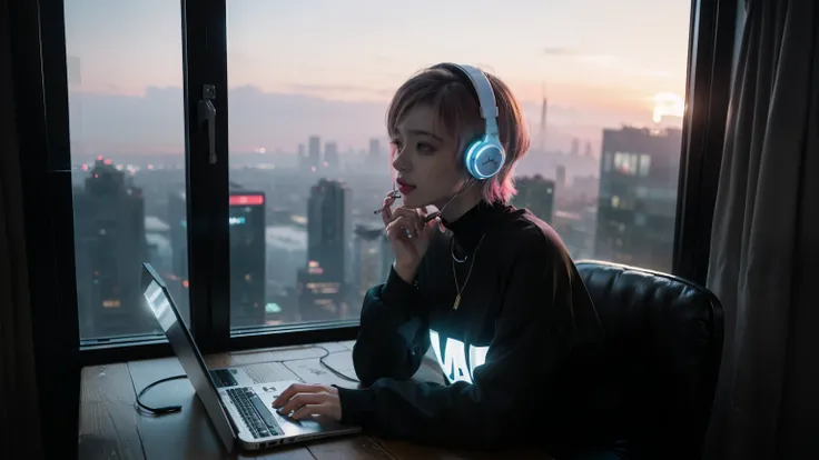 (arafed woman with headphones looking out of a window at night, girl blue glowing headphonesを着用している, blue glowing headphones, With headphones glowing blue, lofi girl, with headphones, lofi portrait at a window, dreamy cyberpunk girl, listen to music, weari...