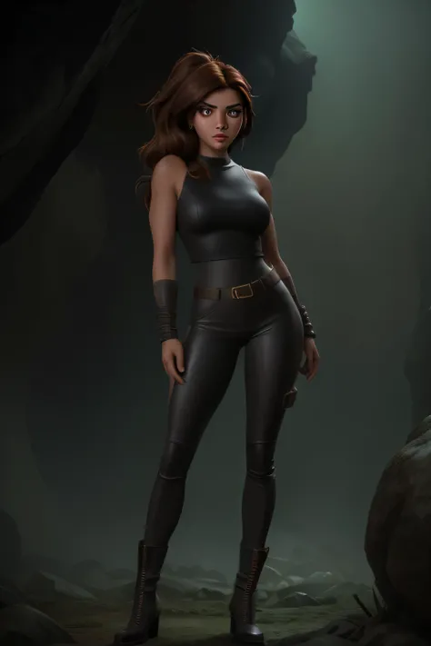 full body lara croft, long brown ponytail, brown eyes, high arched eyebrows, red lips, big breast, black leather pants, tight sleeveless green torn spotted leotard leather boots in dark mystical cave, (realistic, photorealistic, photorealistic:1.37), horro...