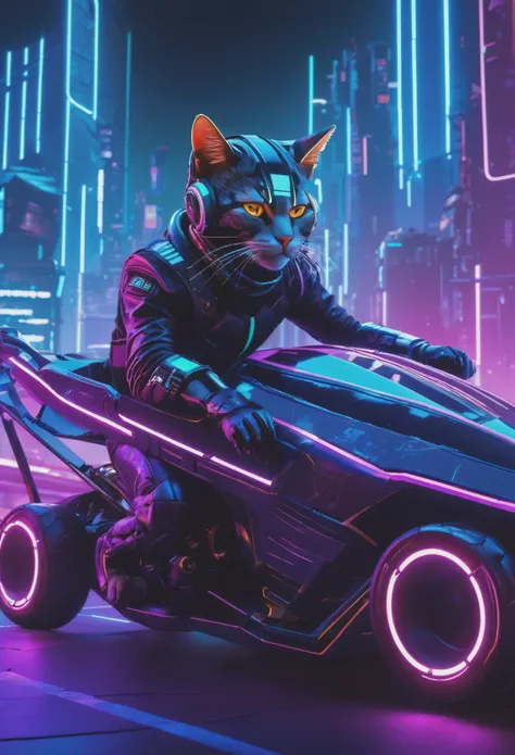A cyberpunk-themed scene, depicting a cat behind the wheel of a sleek, futuristic vehicle. The cat wears a cybernetic helmet and enhanced armor, exuding a sense of power and determination. The vehicle is decked out with neon lights and intricate cybernetic...