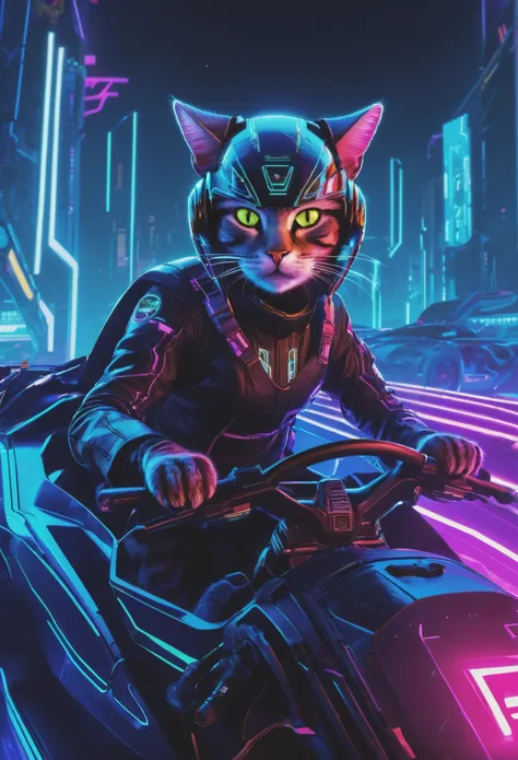 A cyberpunk-themed scene, depicting a cat behind the wheel of a sleek, futuristic vehicle. The cat wears a cybernetic helmet and enhanced armor, exuding a sense of power and determination. The vehicle is decked out with neon lights and intricate cybernetic...