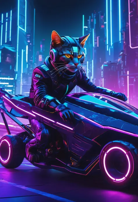 Cyberpunk theme scene, Depicts a cat sitting behind a sleek steering wheel, futuristic vehicle. The cat wears a cybernetic helmet and enhanced armor, Exudes a feeling of strength and determination. The vehicle is decked out in neon lights and intricate cyb...
