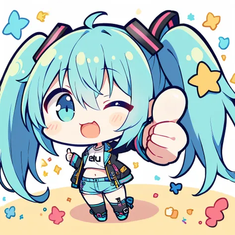 a dynamic, chibi vocaloid illustration, full body, from front, of hatsune miku, blue twintails, one eye closed (winking:1.2), cr...